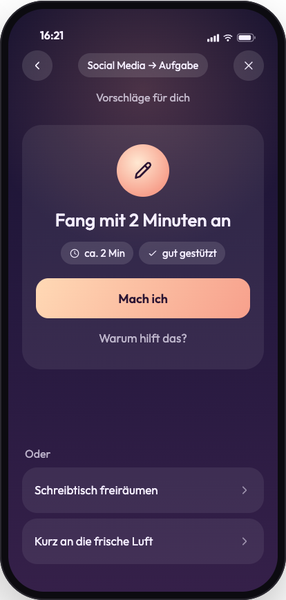 Vorschläge für dich: Fang mit 2 Minuten an, darunter zwei weitere Möglichkeiten.